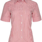 Red and white vertically striped womens short-sleeve shirt with a collar and buttons down the front. The shirt has a classic fit and a pocket on the left side of the chest.