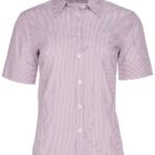 A short-sleeved, collared shirt with vertical pink and white stripes, featuring buttons down the front and a breast pocket.