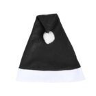 A black Santa hat with a white trim and a white pom-pom at the tip.