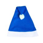 A blue Santa hat with a white trim and a fluffy white pom-pom on top, isolated on a white background.
