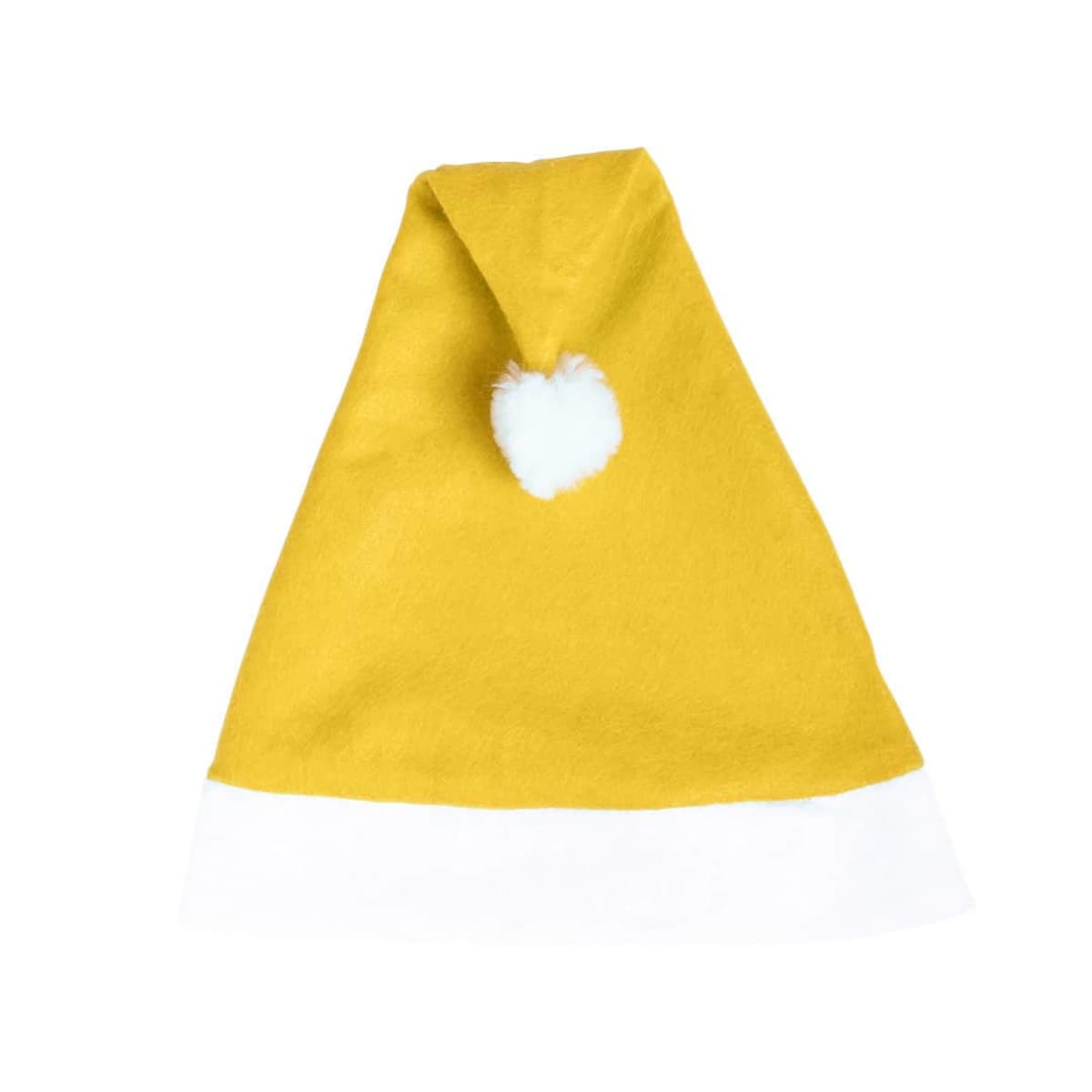 A yellow Santa hat with a white trim and a white pom-pom at the tip against a plain background.