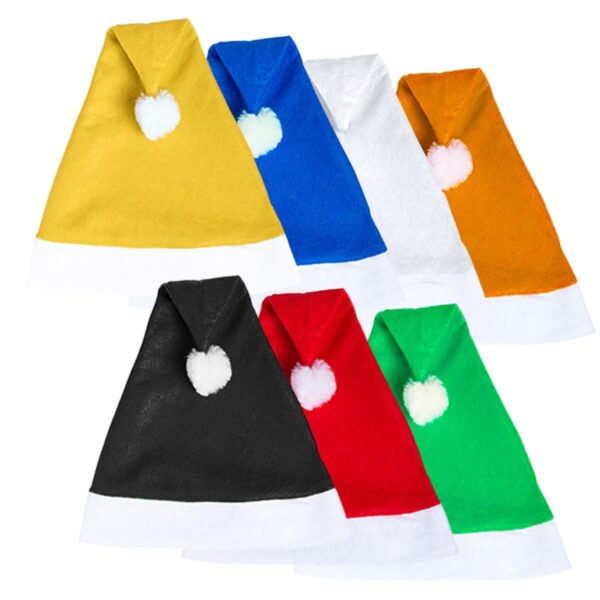 Seven Santa hats in various colors: yellow, blue, white, orange, black, red, and green. Each has a white trim and pom-pom at the tip. The hats are arranged in a fan-like pattern on a white background.