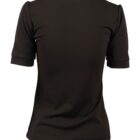 Black short-sleeved womens top with a round neckline, shown from the back. The fabric appears smooth and fitted, with slight gathering at the shoulders and cuffs.