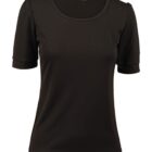 Black short-sleeve womens top with a round neckline. The fabric appears soft and smooth, and the sleeves have a slight cuff. A white tag with text is visible inside the collar. The top has a fitted silhouette.