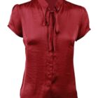 A short-sleeve, button-up blouse made of shiny red fabric with a soft sheen. It features a high collar adorned with a tied bow at the neckline.