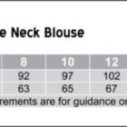 Size chart for M8810 Ladies Tie Neck Blouse, showing chest and body length in cm for sizes 6 to 18. Chest ranges from 87 cm to 117 cm, body length from 61 cm to 73 cm. Tailored fit. Measurements are for guidance only.