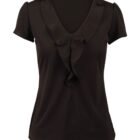 Black short-sleeved blouse featuring a v-neckline with ruffle detailing.