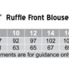 Size chart for M8820 Ladies Ruffle Front Blouse. Sizes range from 6 to 24. Includes measurements for chest (82-127 cm) and body length (59-72 cm). Tailored fit with measurements as guidance only.