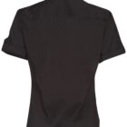 Back view of a plain black short-sleeve shirt with a collar. The sleeves are cuffed, and the shirt has a fitted design. The fabric appears smooth and lightweight.