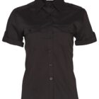 A short-sleeved, black button-up shirt with a collared neckline. The shirt features two front chest pockets with flaps and buttons, and the sleeves have button tabs for rolling up.