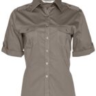 Olive green short-sleeve button-up shirt with two front pockets and buttoned shoulder straps. The shirt has a collar and roll-up sleeves, featuring a tailored fit.