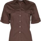 A brown, short-sleeved button-up shirt with two chest pockets and shoulder tabs. The shirt has a collar and buttons down the front, suitable for casual or semi-formal wear.