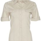 A beige short-sleeved button-up shirt with a collar. The shirt features two buttoned chest pockets and buttoned straps on the sleeves.
