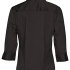 A black button-up shirt with three-quarter sleeves, viewed from the back. The shirt features a classic collar and a sleek, tailored design.