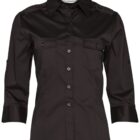 Black button-up shirt with three-quarter sleeves. The shirt features two chest pockets and a collar, creating a tailored and polished look.