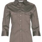Olive green, long-sleeved button-up shirt with a tailored fit. It features a collared neckline, front chest pockets, buttoned cuffs, and is made from a smooth fabric. The shirt has button tabs on the sleeves for rolling up.