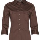 Brown, long-sleeve button-up shirt with buttoned shoulder epaulettes and two chest pockets. The shirt has a collar and is displayed on a plain, white background.