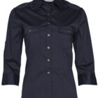 A black button-up shirt with a collar and three-quarter sleeves. The shirt features two chest pockets and epaulettes on the shoulders.