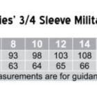 Size chart for a ladies 3/4 sleeve military shirt, model M8913. Sizes range from 6 to 24. Chest sizes: 88-140 cm. Body lengths: 62-71 cm. Shirt is regular fit. Measurements are for guidance only.