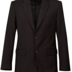 A classic black mens blazer with two buttons, notch lapels, and two front flap pockets. The jacket is displayed against a plain white background, showcasing its tailored fit and smooth fabric.