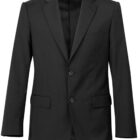 A black, two-button blazer on a white background, with notched lapels, front pockets, and a chest pocket. The blazer is displayed front-facing, showing its fitted structure.