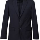 Black tailored suit jacket with two buttons, a notch lapel, and long sleeves. The jacket features two front flap pockets, a chest pocket, and is displayed against a white background.