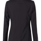 Back view of a black blazer with long sleeves. The blazer features a tailored fit, buttons on the cuffs, and a central seam running vertically down the back.
