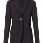 A black tailored blazer with long sleeves and a two-button front closure. The blazer features a notched lapel and two front pockets with flaps. It appears to be made of a smooth fabric, suitable for formal or business attire.