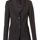 A classic black womens blazer with a notched lapel, long sleeves, and two front buttons. It features two flap pockets and is tailored for a fitted look.
