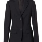 A black, tailored womens blazer with long sleeves, a notched lapel, and two buttons. It features two front flap pockets and a sleek, fitted design.