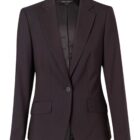 A dark brown womens blazer with a single button closure, notched lapels, and two front flap pockets. The jacket has a tailored fit and a smooth texture.