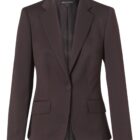 A black womens blazer with a single-breasted design, featuring a notched lapel collar. It has two flap pockets and is displayed against a plain white background.