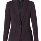 A dark-colored, single-button womens blazer with a notched lapel. It features two front flap pockets and a tailored fit, designed for a professional appearance.