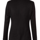 The image shows the back view of a black blazer with long sleeves. It has a tailored fit with seam detailing and two visible buttons on the sleeve cuffs. The fabric appears sleek and smooth.
