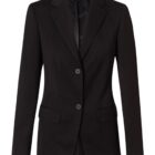 A black tailored blazer with a classic two-button front and notched lapels. It has two front flap pockets and a smooth, streamlined design.