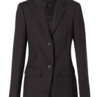 A black tailored womens blazer with a notched lapel and two front buttons. It features two flap pockets at the waist and long sleeves. The blazer is displayed against a plain white background.