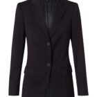 A tailored black blazer with two buttons, notched lapels, and two front flap pockets.
