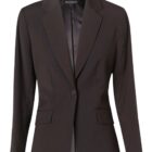 A black tailored blazer with notched lapels, a single-button closure, and two front flap pockets. The blazer is displayed on a white background, showcasing its sleek and classic design.