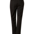 Black dress pants shown from the back. They have two rear pockets with button closures and belt loops at the waistband. The fabric appears smooth and slightly glossy.