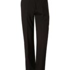 Black dress pants with a sleek, straight-leg design. The pants feature a button closure at the waist and creased front, suitable for formal or professional settings.