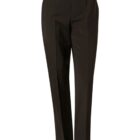Black dress pants with a front button and zip closure. They have a straight-leg design and are neatly creased down the front. The image focuses on the full length of the pants with no visible background.