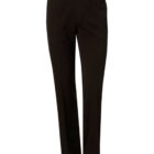 A pair of black tailored dress pants with a front button closure and belt loops, shown on an invisible mannequin against a plain white background.
