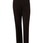 Black dress pants on a white background, featuring a button closure and a straight leg fit.