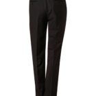 Black tailored trousers with back pockets and button detailing.