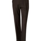 Dark brown dress pants on a plain white background.