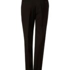 Back view of black dress pants with pockets and button accents.