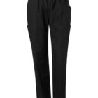 Black cargo pants with an elastic waistband and multiple pockets. The pants are displayed against a white background, showing a straight-leg design.