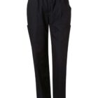 Black straight-leg pants with an elastic waistband and side pockets, shown on a white background. The fabric appears lightweight and has a smooth texture.