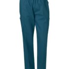 Teal-colored elastic waist pants with straight legs and side pockets, resembling medical scrubs.