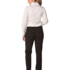 Rear view of a person wearing a white button-up shirt, black pants, and black heels. The person has shoulder-length hair tied in a ponytail and is standing against a plain white background.